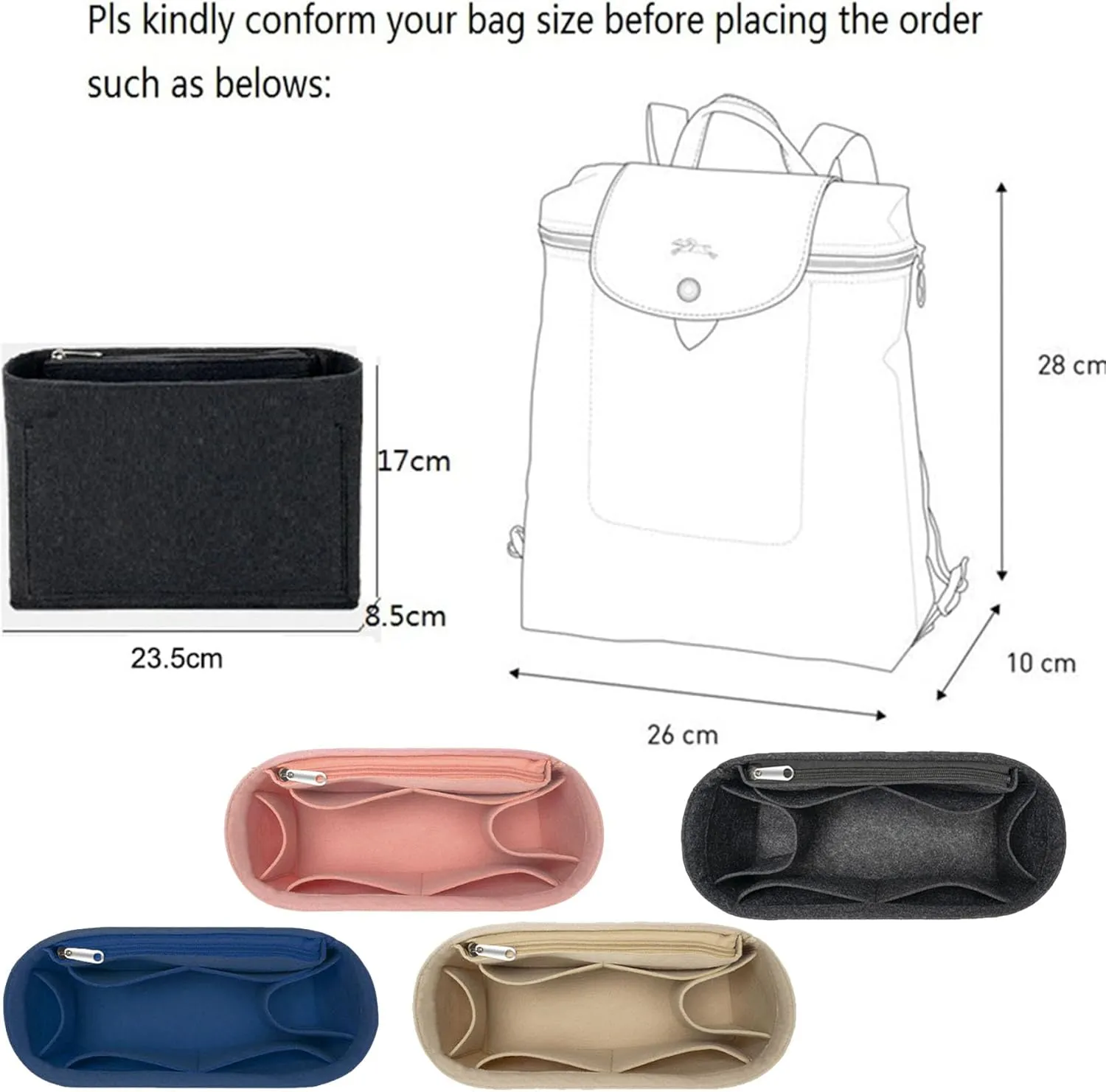 Lckaey purse backpack organizer for le pliage knapsack Felt Bag insert Multi Pocket 1013pink