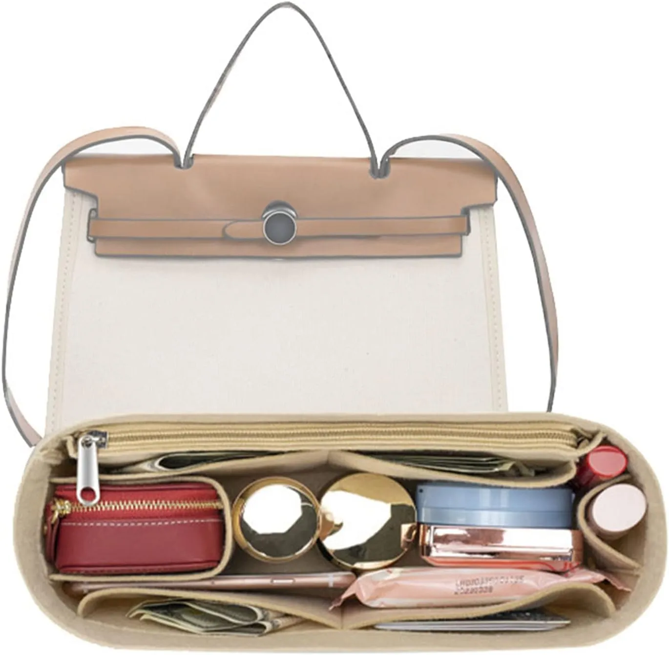 Lckaey Purse Organizer insert for Handbag Herbag 31 organizer 1011beige-26.5 * 7.5 * 13cm