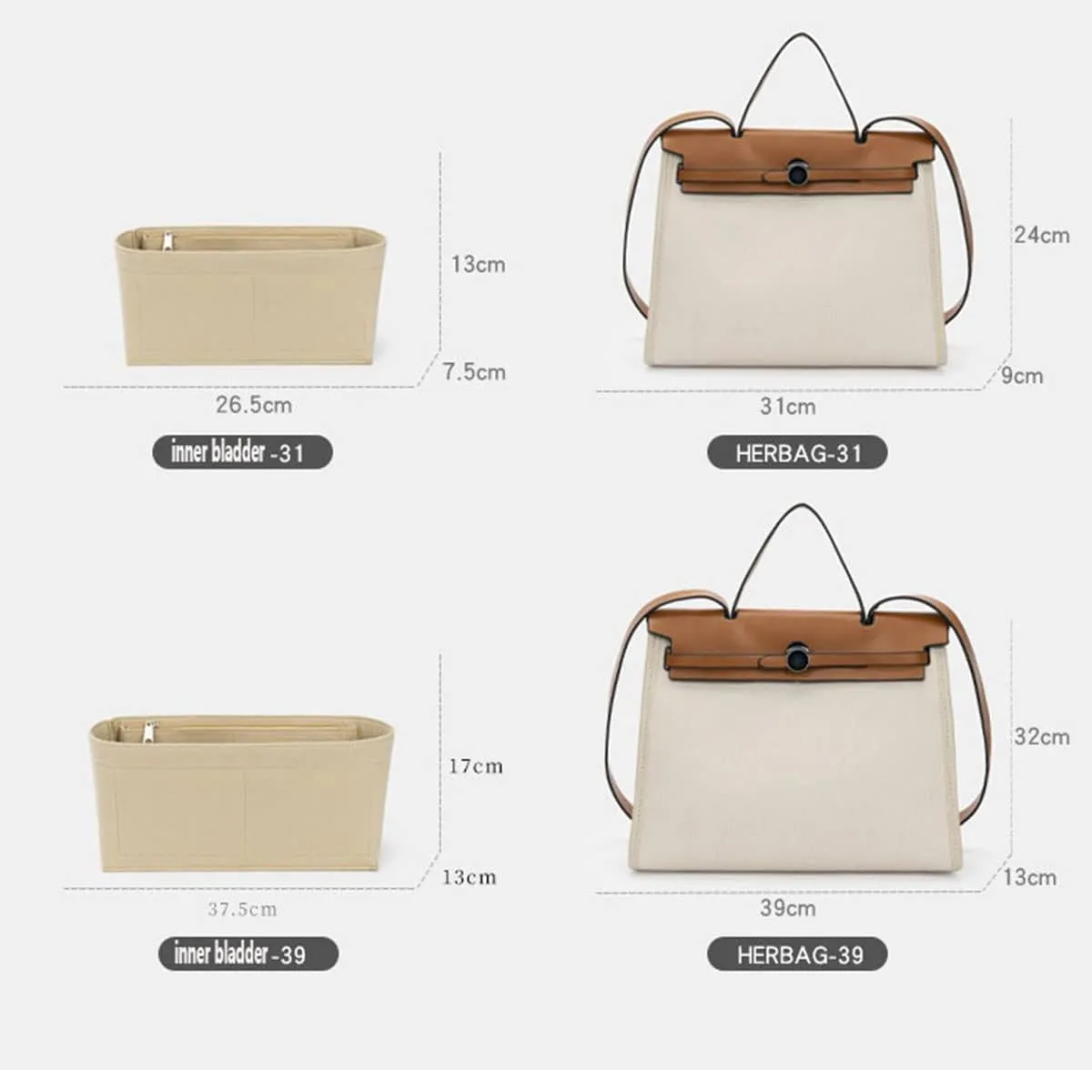 Lckaey Purse Organizer insert for Handbag Herbag 31 organizer 1011beige-26.5 * 7.5 * 13cm