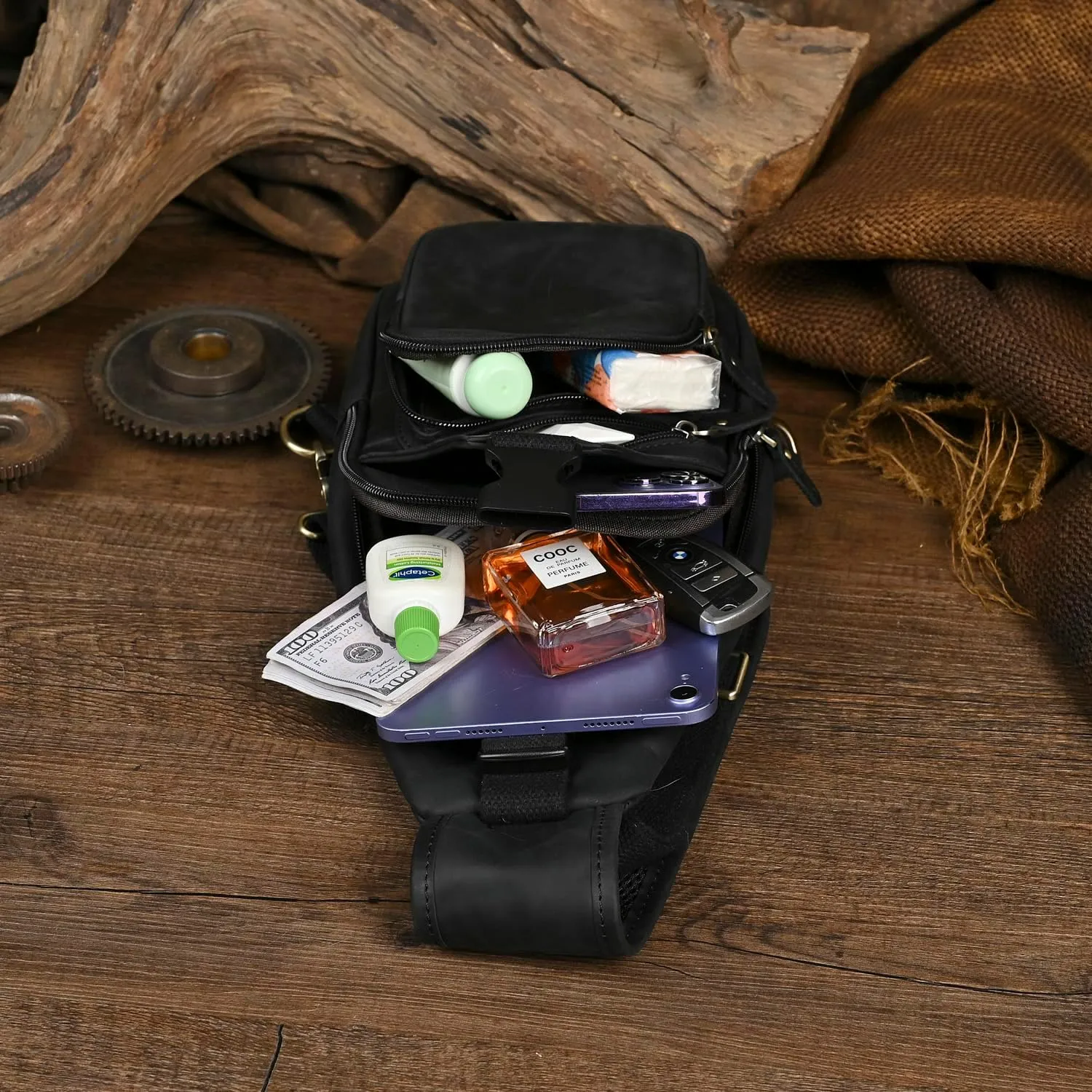 Le'aokuu Men Fashion Casual Tea Designer Travel Hiking Crossbody Chest Sling Bag Rig One Shoulder Strap Bag Men Leather 8015