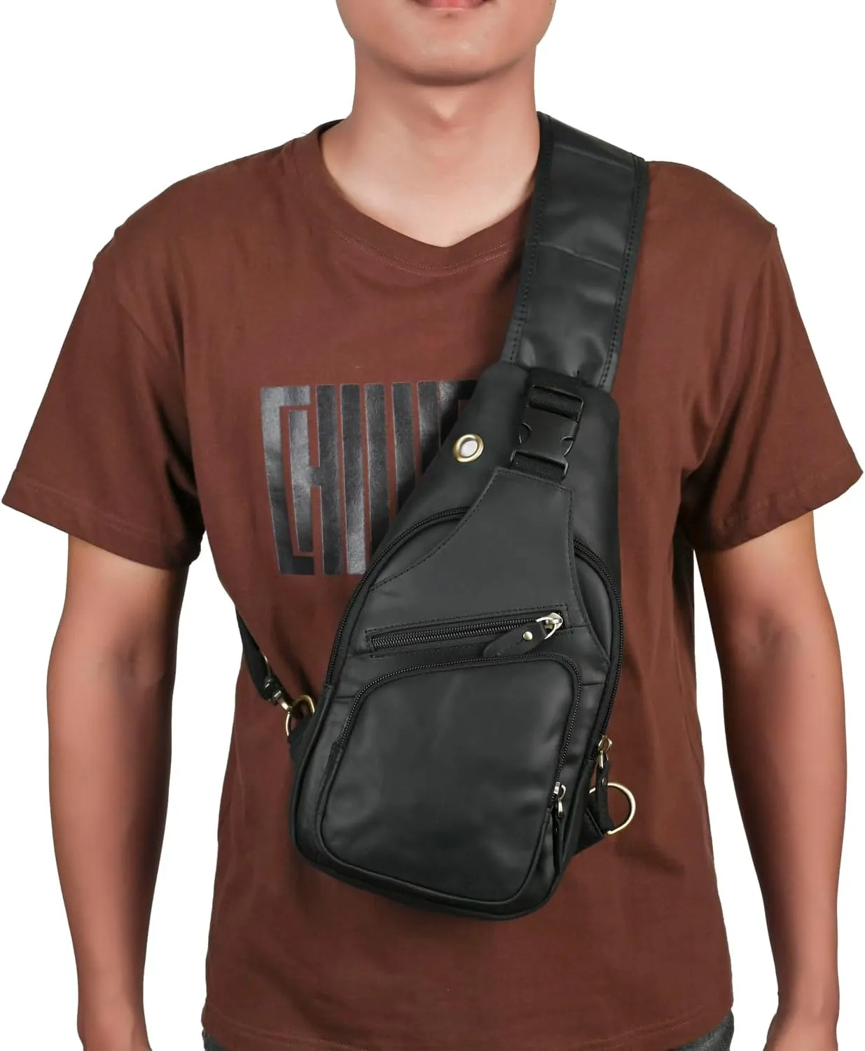 Le'aokuu Men Fashion Casual Tea Designer Travel Hiking Crossbody Chest Sling Bag Rig One Shoulder Strap Bag Men Leather 8015