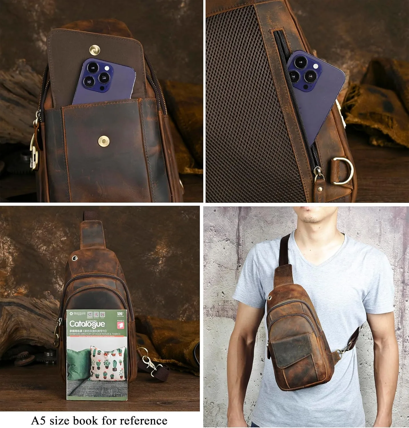Le'aokuu Men Outdoor Casual Travel Hiking Tea Crossbody Chest Sling Bag Rig One Shoulder Strap Bag Backpack Men Leather