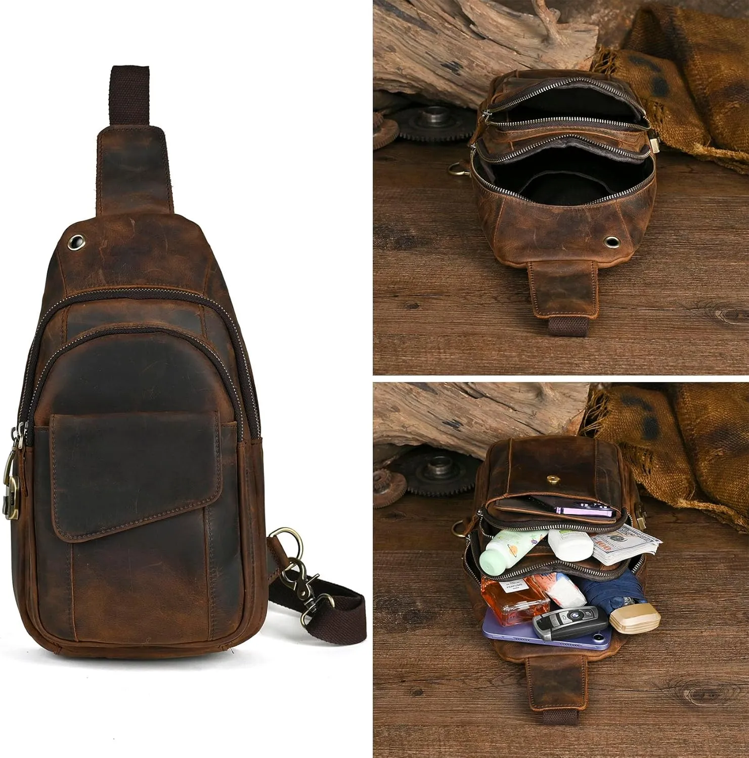 Le'aokuu Men Outdoor Casual Travel Hiking Tea Crossbody Chest Sling Bag Rig One Shoulder Strap Bag Backpack Men Leather