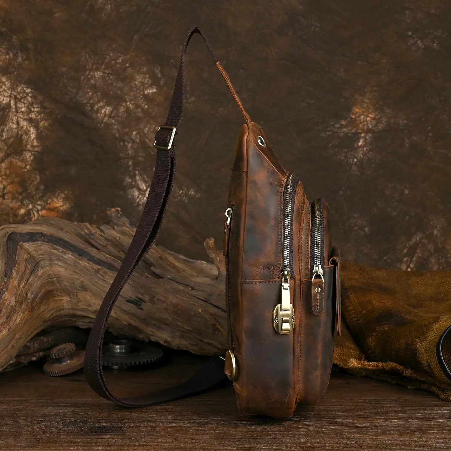 Le'aokuu Men Outdoor Casual Travel Hiking Tea Crossbody Chest Sling Bag Rig One Shoulder Strap Bag Backpack Men Leather