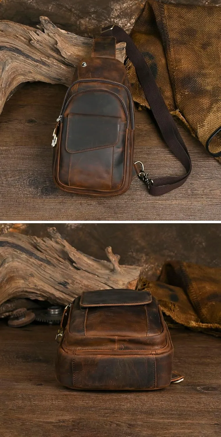 Le'aokuu Men Outdoor Casual Travel Hiking Tea Crossbody Chest Sling Bag Rig One Shoulder Strap Bag Backpack Men Leather
