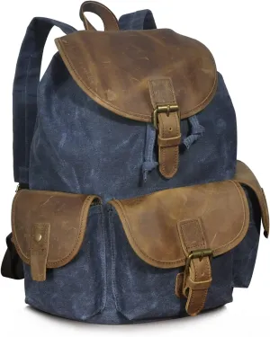 Le'aokuu Mens Canvas And Genuine Leather Waterproof Backpack Outdoor Rucksack Travel Shoulder Bag Business Laptop Daypack (9950 Blue)