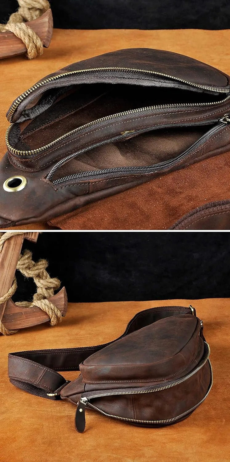 Le'aokuu Mens Fashion Casual Tea Designer Travel Hiking Crossbody Chest Sling Bag Rig One Shoulder Strap Bag For Men Leather