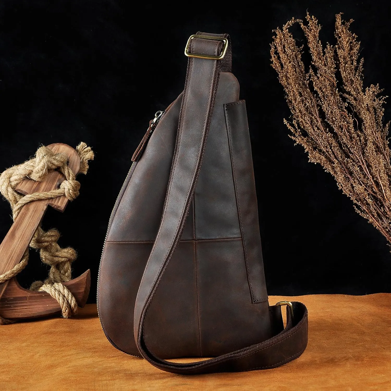 Le'aokuu Mens Fashion Casual Tea Designer Travel Hiking Crossbody Chest Sling Bag Rig One Shoulder Strap Bag For Men Leather
