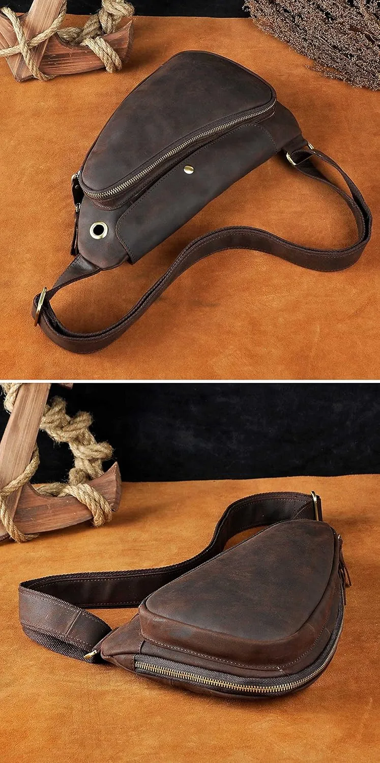Le'aokuu Mens Fashion Casual Tea Designer Travel Hiking Crossbody Chest Sling Bag Rig One Shoulder Strap Bag For Men Leather