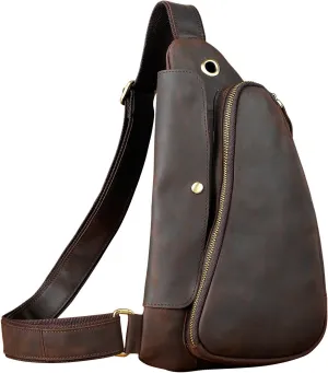 Le'aokuu Mens Fashion Casual Tea Designer Travel Hiking Crossbody Chest Sling Bag Rig One Shoulder Strap Bag For Men Leather