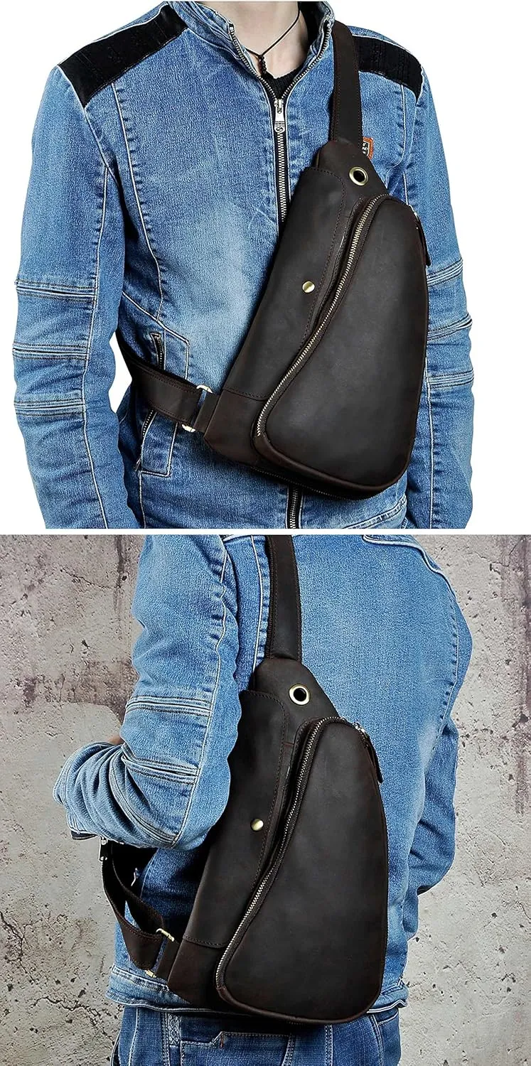 Le'aokuu Mens Fashion Casual Tea Designer Travel Hiking Crossbody Chest Sling Bag Rig One Shoulder Strap Bag For Men Leather