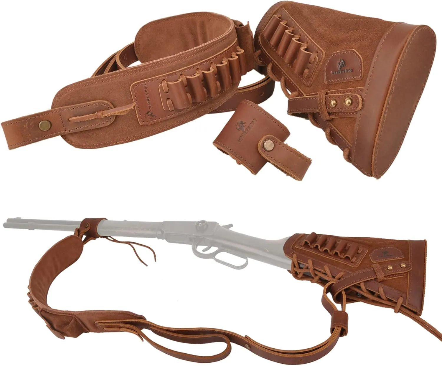 Leather Gun Buttstock Cheek Rest Pad with Matched Sling and Loops, No Drill/No Mounts Needed