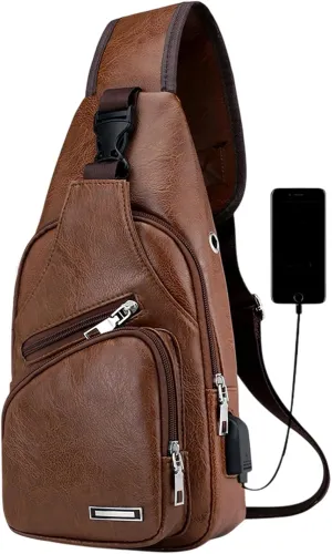 Leather Sling Bag for Men and Women, Waterproof Crossbody Chest Bag with USB Charging Port, Lightweight Daypack for Travel, Work & Outdoor (Brown)