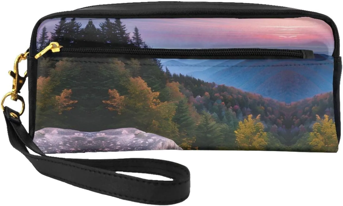 Leather Small Makeup Bag â€“ Canadian Smokey Mountain Cliff Print Travel Toiletry Bag, Cosmetic Accessories Organizer for Business Trips
