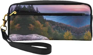 Leather Small Makeup Bag â€“ Canadian Smokey Mountain Cliff Print Travel Toiletry Bag, Cosmetic Accessories Organizer for Business Trips