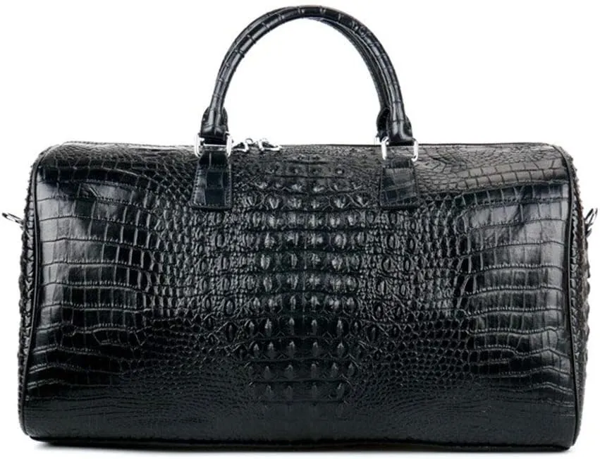 Leather Travel Duffel Bag for Men men, Black Vintage Crocodile Pattern Weekender Overnight Luggage Carryon Handbag Sports Overnight Gym Luggage Weekend Tot