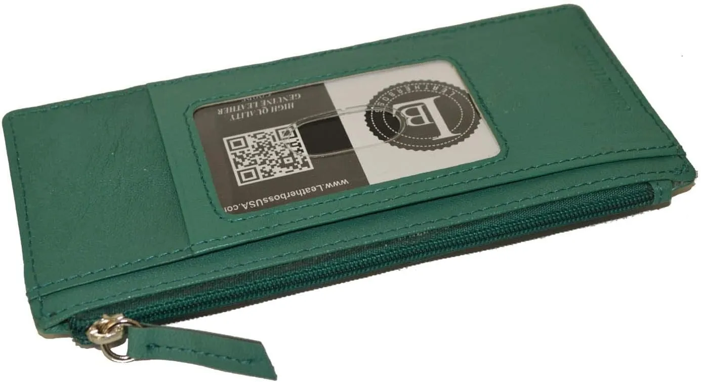 Leatherboss Genuine Leather Women's All in One Credit Business Card Case Holder Slim Zipper Wallet With a Card Protection Strap, Forest Green