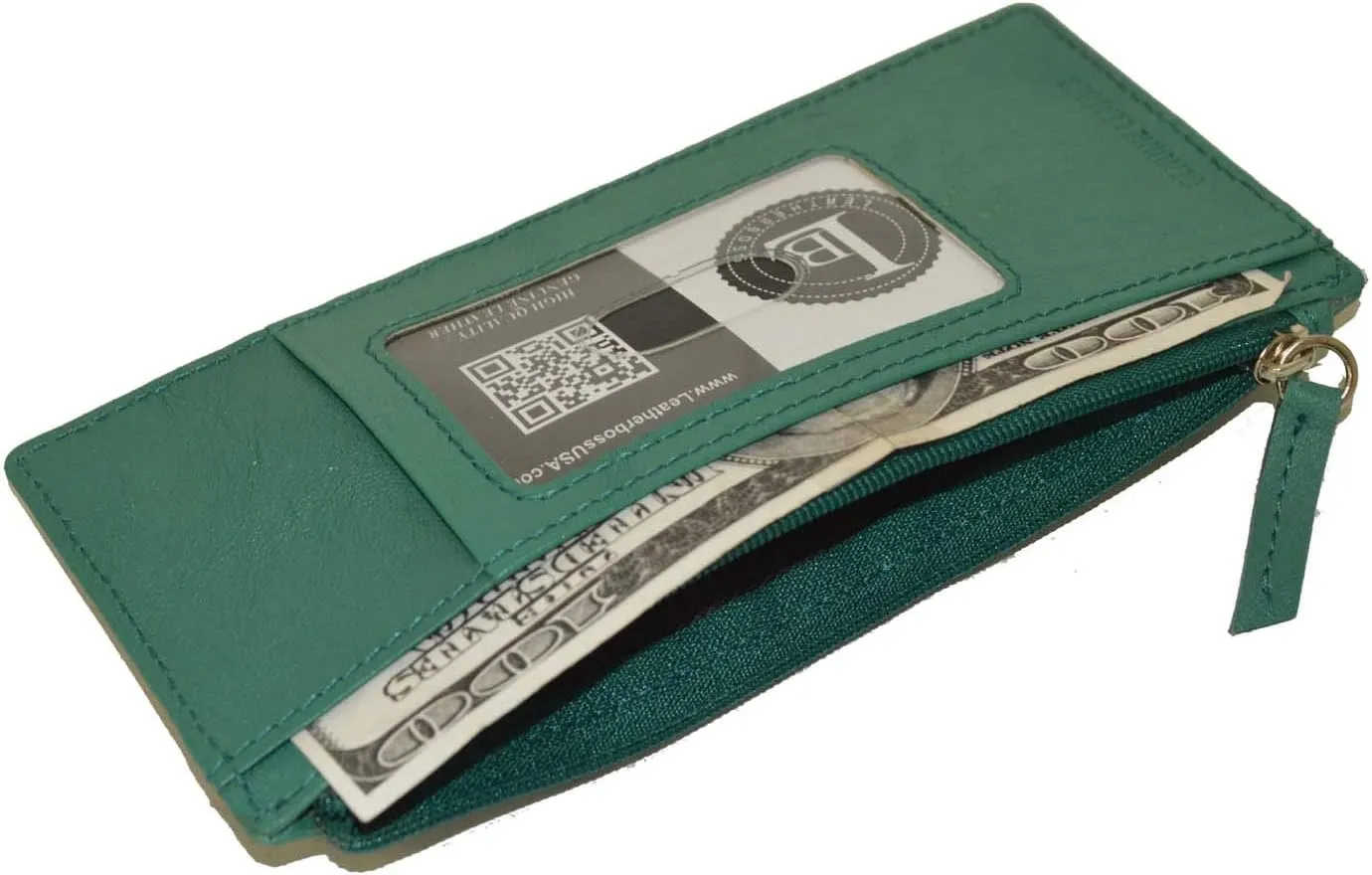 Leatherboss Genuine Leather Women's All in One Credit Business Card Case Holder Slim Zipper Wallet With a Card Protection Strap, Forest Green