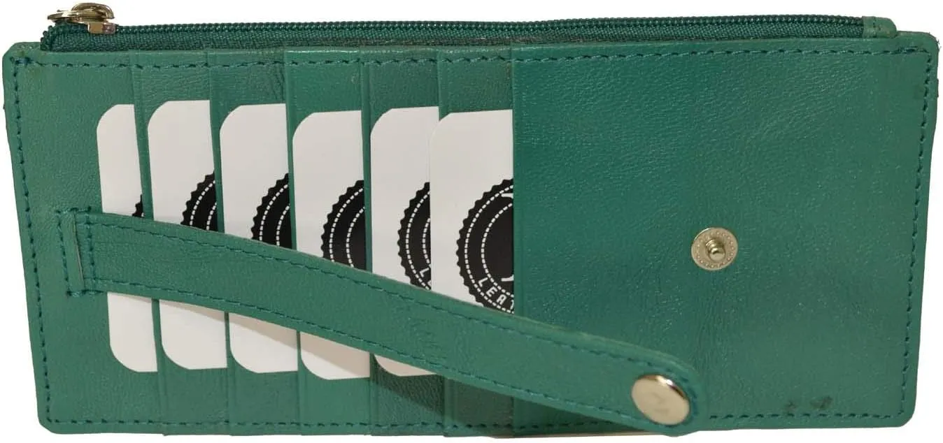 Leatherboss Genuine Leather Women's All in One Credit Business Card Case Holder Slim Zipper Wallet With a Card Protection Strap, Forest Green