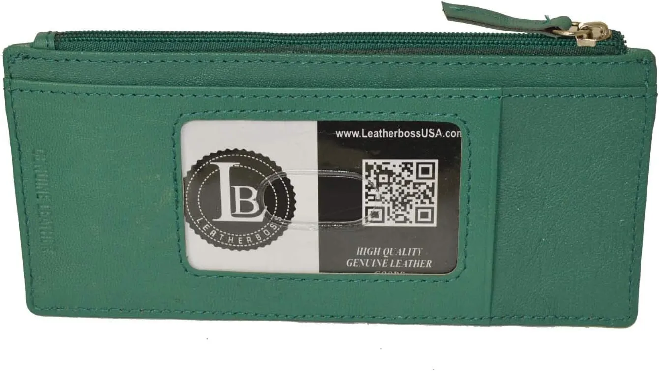 Leatherboss Genuine Leather Women's All in One Credit Business Card Case Holder Slim Zipper Wallet With a Card Protection Strap, Forest Green
