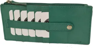Leatherboss Genuine Leather Women's All in One Credit Business Card Case Holder Slim Zipper Wallet With a Card Protection Strap, Forest Green