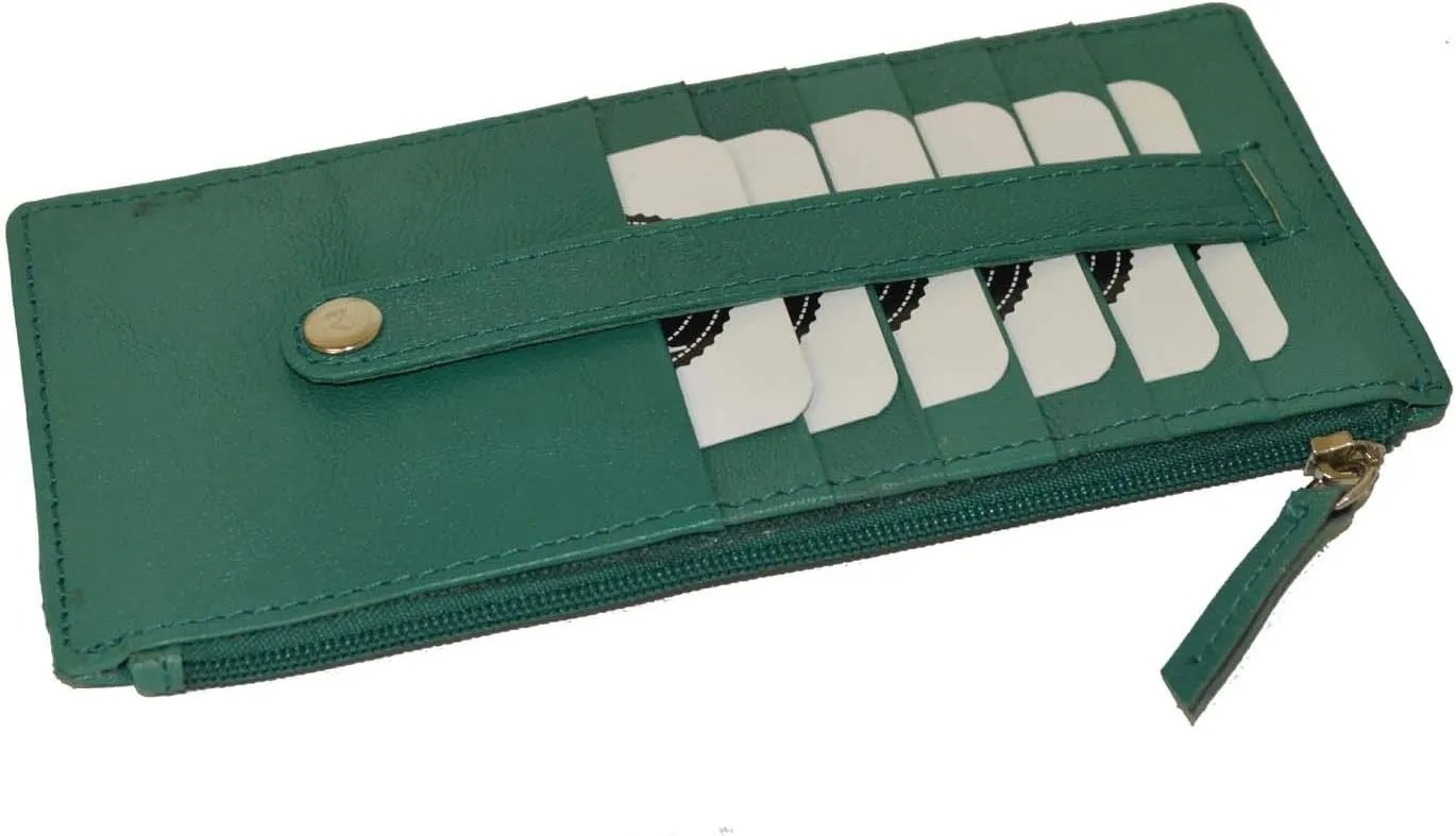 Leatherboss Genuine Leather Women's All in One Credit Business Card Case Holder Slim Zipper Wallet With a Card Protection Strap, Forest Green