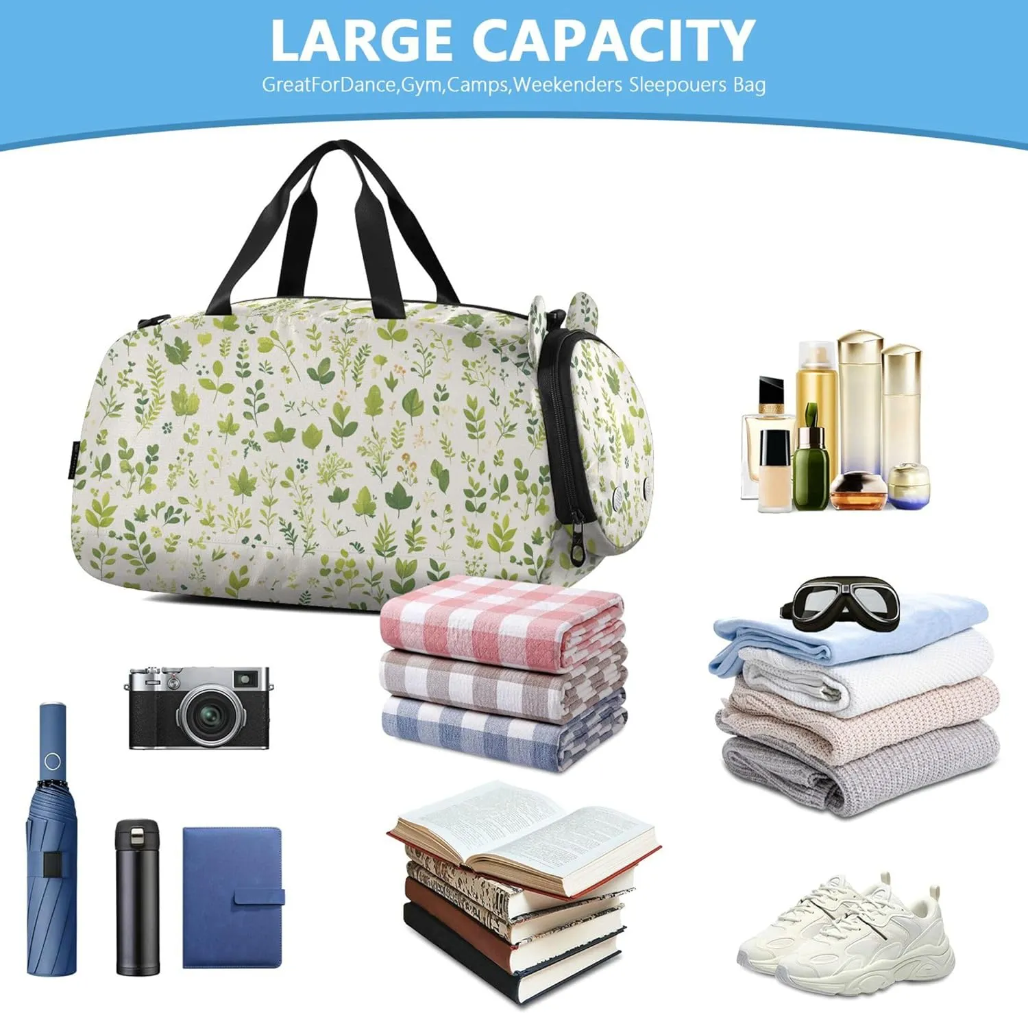 Leaves Plants Green Girl's Gym Duffel Bag with Shoes Compartment Lightweight Overnight Weekender Carry On Travel Bag for Beach Swim Bags Pool Sports
