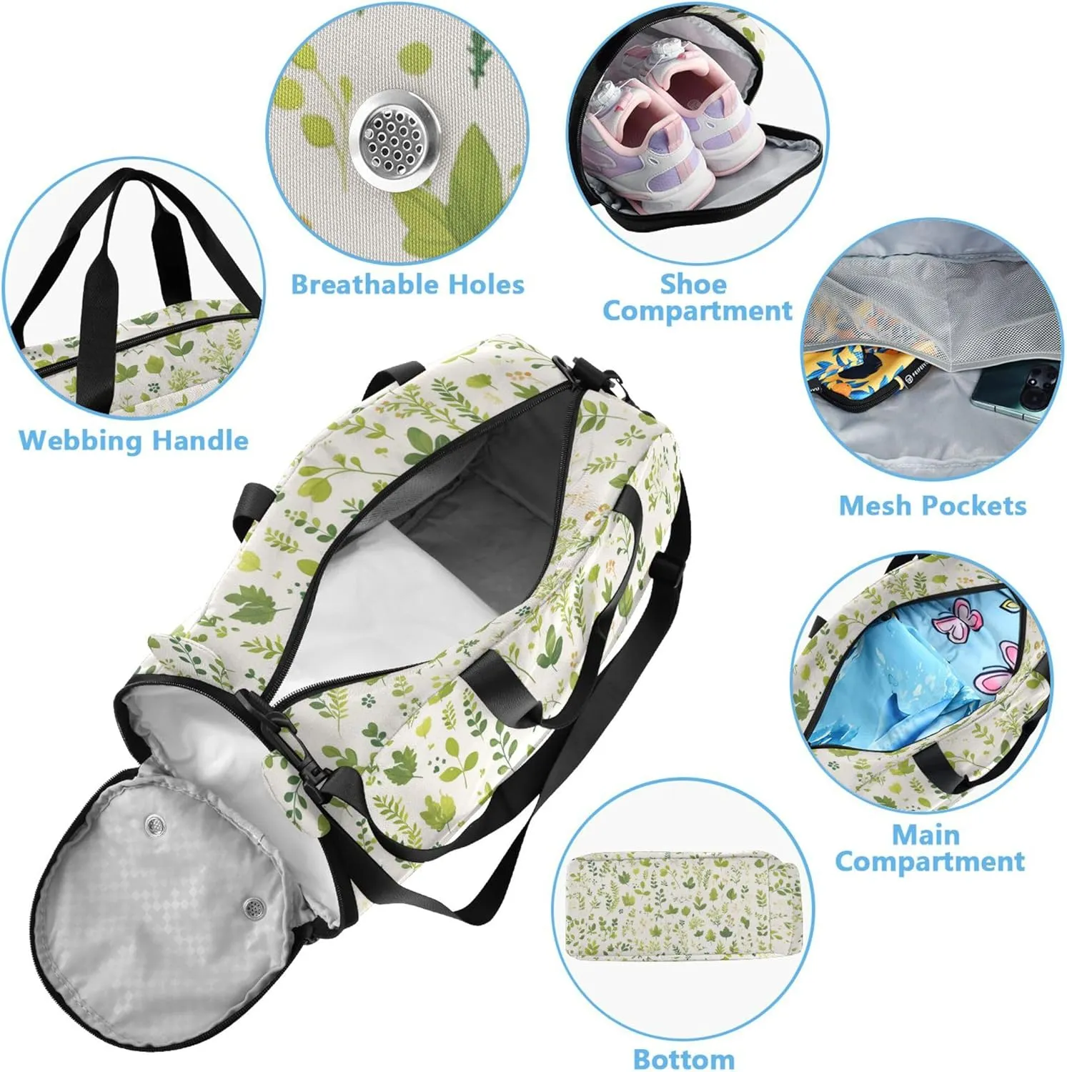 Leaves Plants Green Girl's Gym Duffel Bag with Shoes Compartment Lightweight Overnight Weekender Carry On Travel Bag for Beach Swim Bags Pool Sports