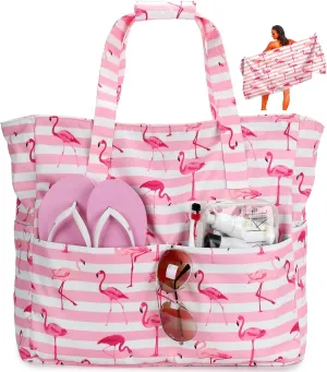 LEDAOU Beach Bag for Women Waterproof Sandproof Tote Bag Pool Bag with Zipper for Gym Shopping Travel with Wet Pocket