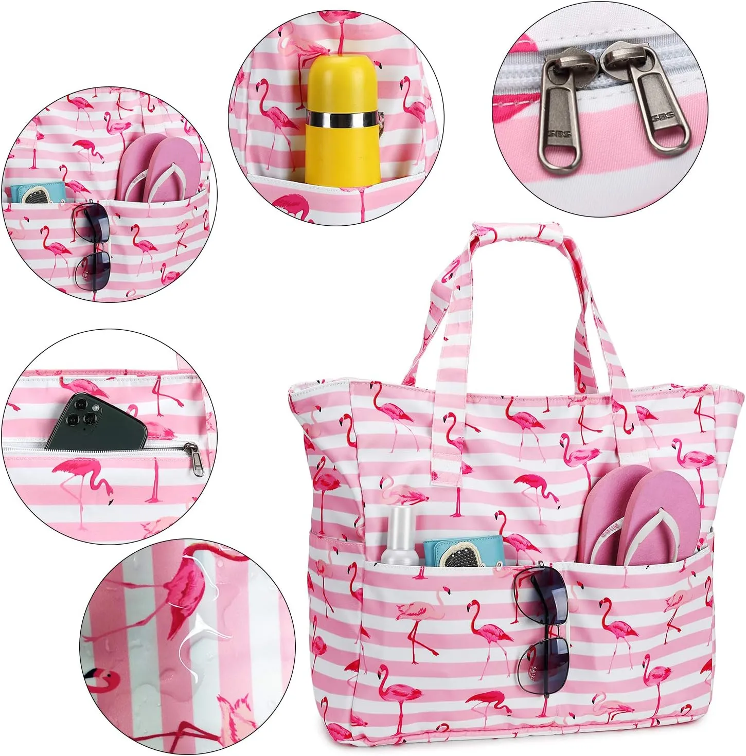 LEDAOU Beach Bag for Women Waterproof Sandproof Tote Bag Pool Bag with Zipper for Gym Shopping Travel with Wet Pocket