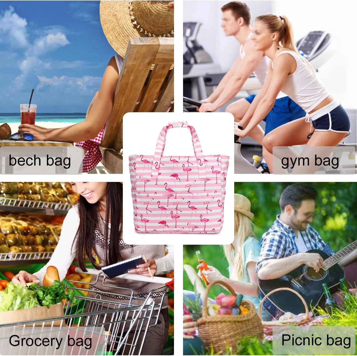 LEDAOU Beach Bag for Women Waterproof Sandproof Tote Bag Pool Bag with Zipper for Gym Shopping Travel with Wet Pocket