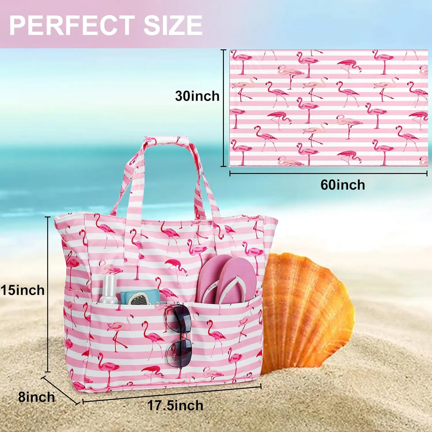 LEDAOU Beach Bag for Women Waterproof Sandproof Tote Bag Pool Bag with Zipper for Gym Shopping Travel with Wet Pocket