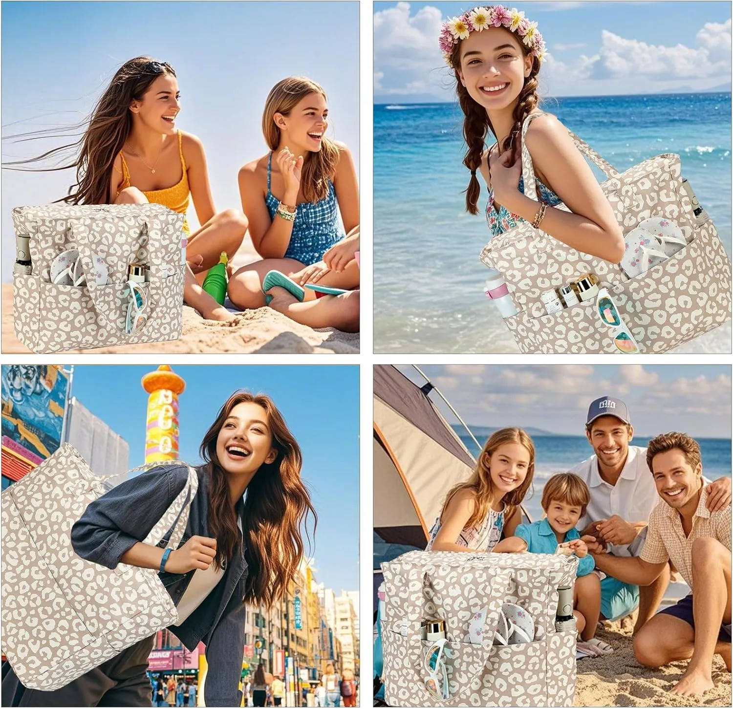 LEDAOU Beach Bag Waterproof Sandproof Women Tote Bag Pool Bag with Zipper for Gym Grocery Travel with Wet Pocket