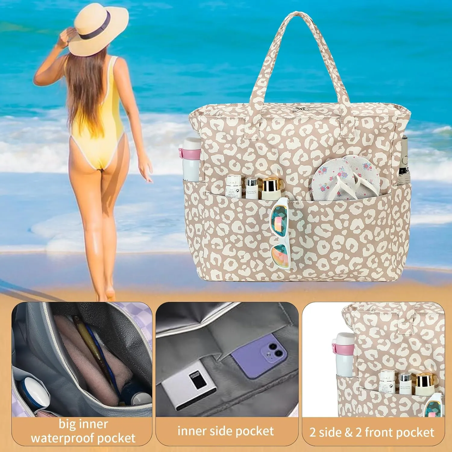 LEDAOU Beach Bag Waterproof Sandproof Women Tote Bag Pool Bag with Zipper for Gym Grocery Travel with Wet Pocket