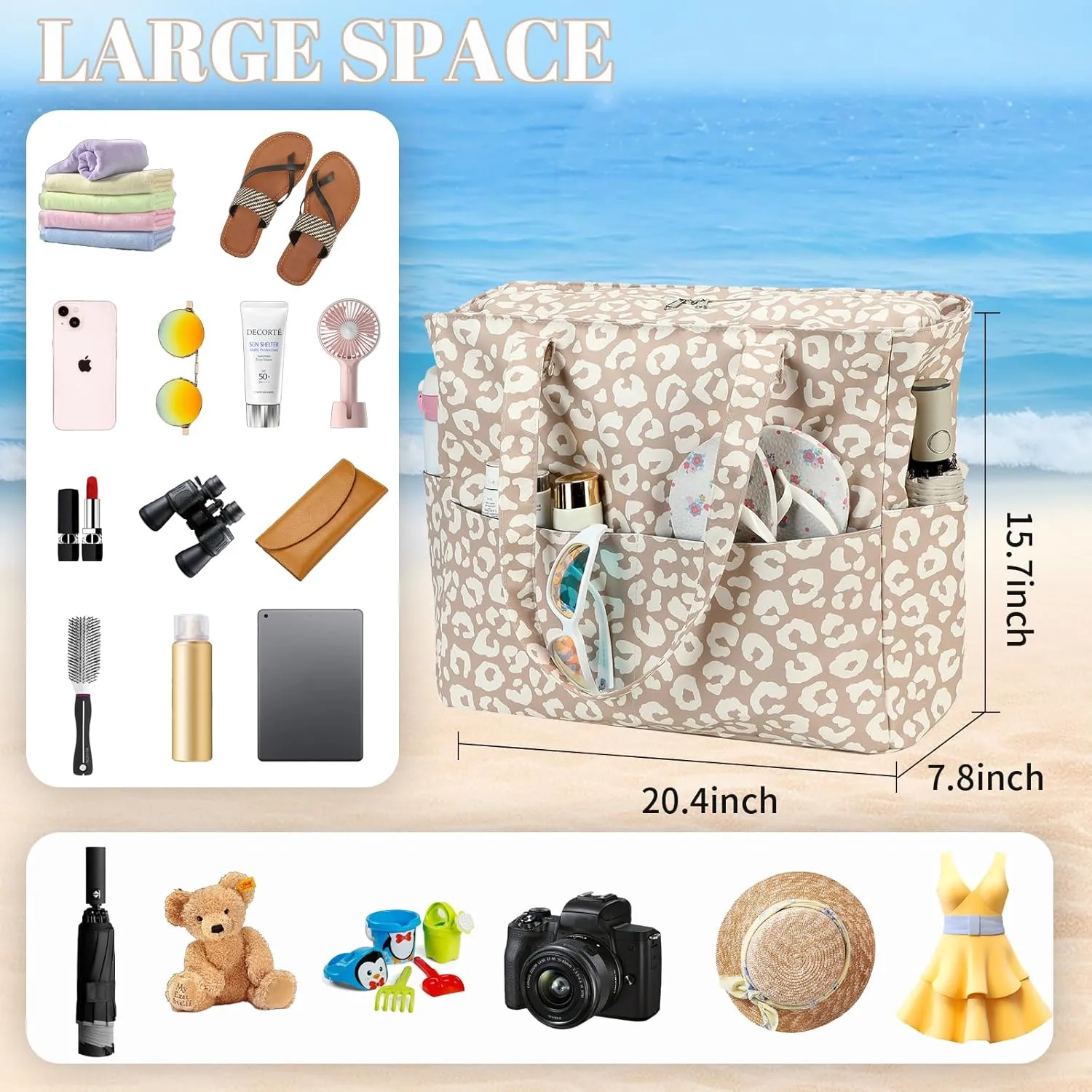 LEDAOU Beach Bag Waterproof Sandproof Women Tote Bag Pool Bag with Zipper for Gym Grocery Travel with Wet Pocket