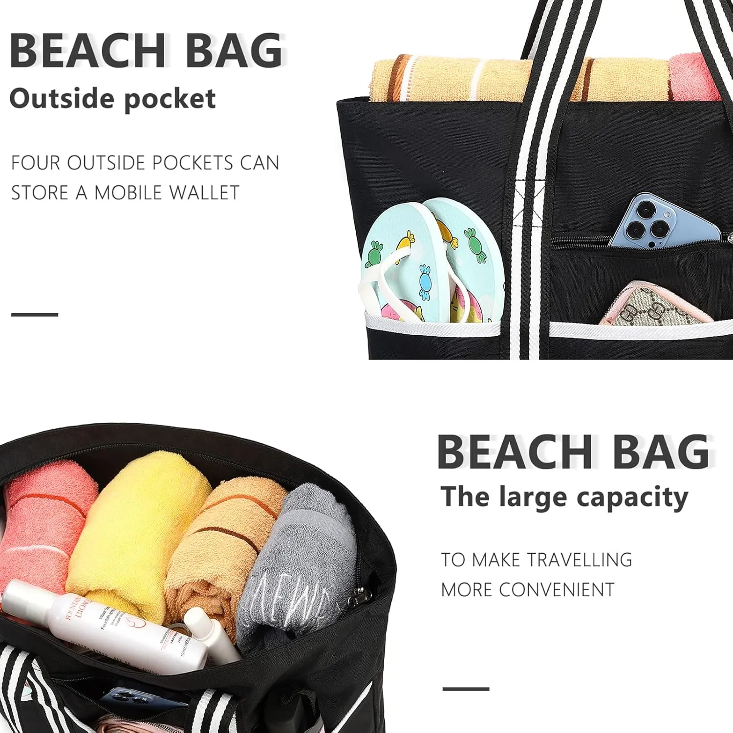 LEDAOU Large Beach Tote Bag Women Waterproof Beach Bag Sandproof Pool Bag with Zipper Travel Gym Tote Bag