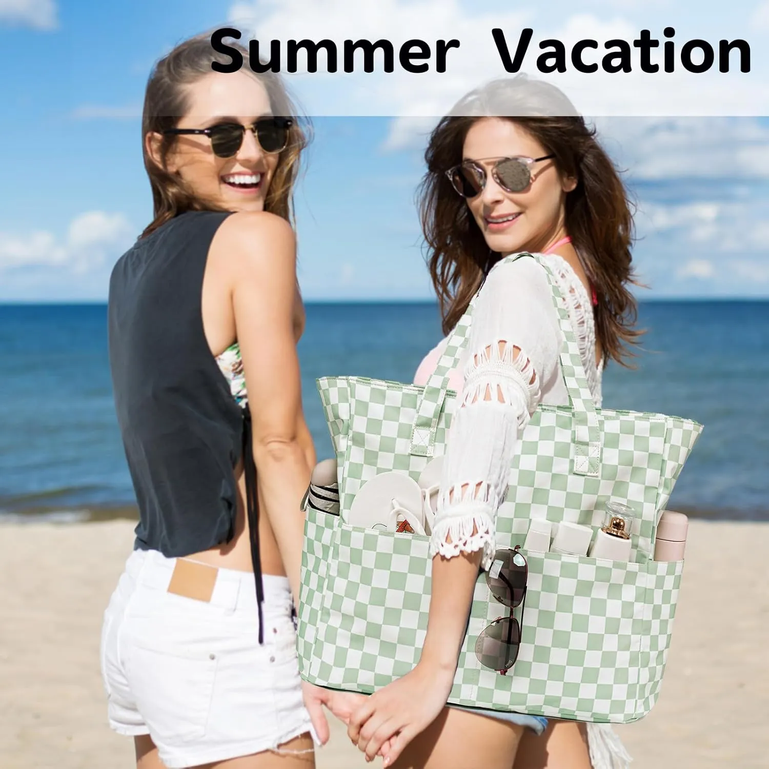 LEDAOU Large Beach Tote Bag Women Waterproof Sandproof Zipper Beach Tote Bag for Pool Gym Grocery Travel with Wet Pocket