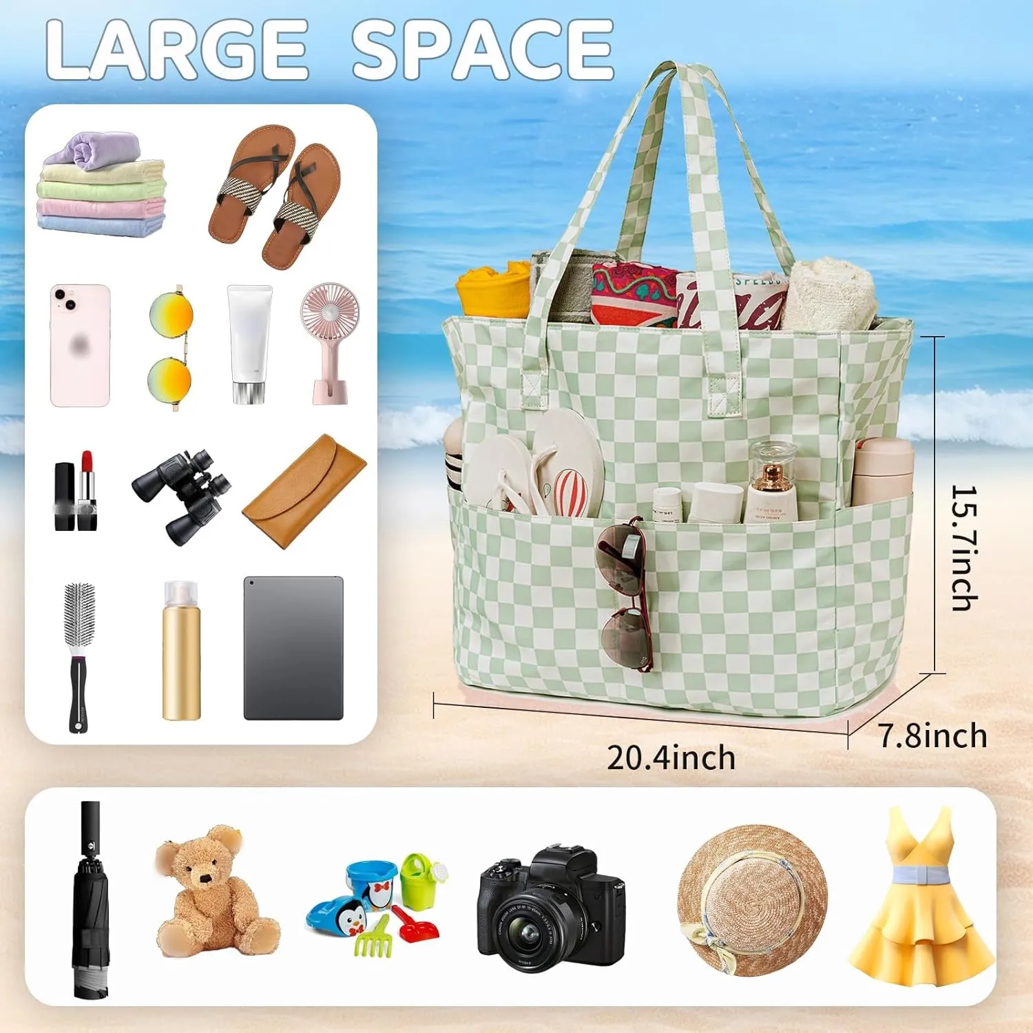 LEDAOU Large Beach Tote Bag Women Waterproof Sandproof Zipper Beach Tote Bag for Pool Gym Grocery Travel with Wet Pocket