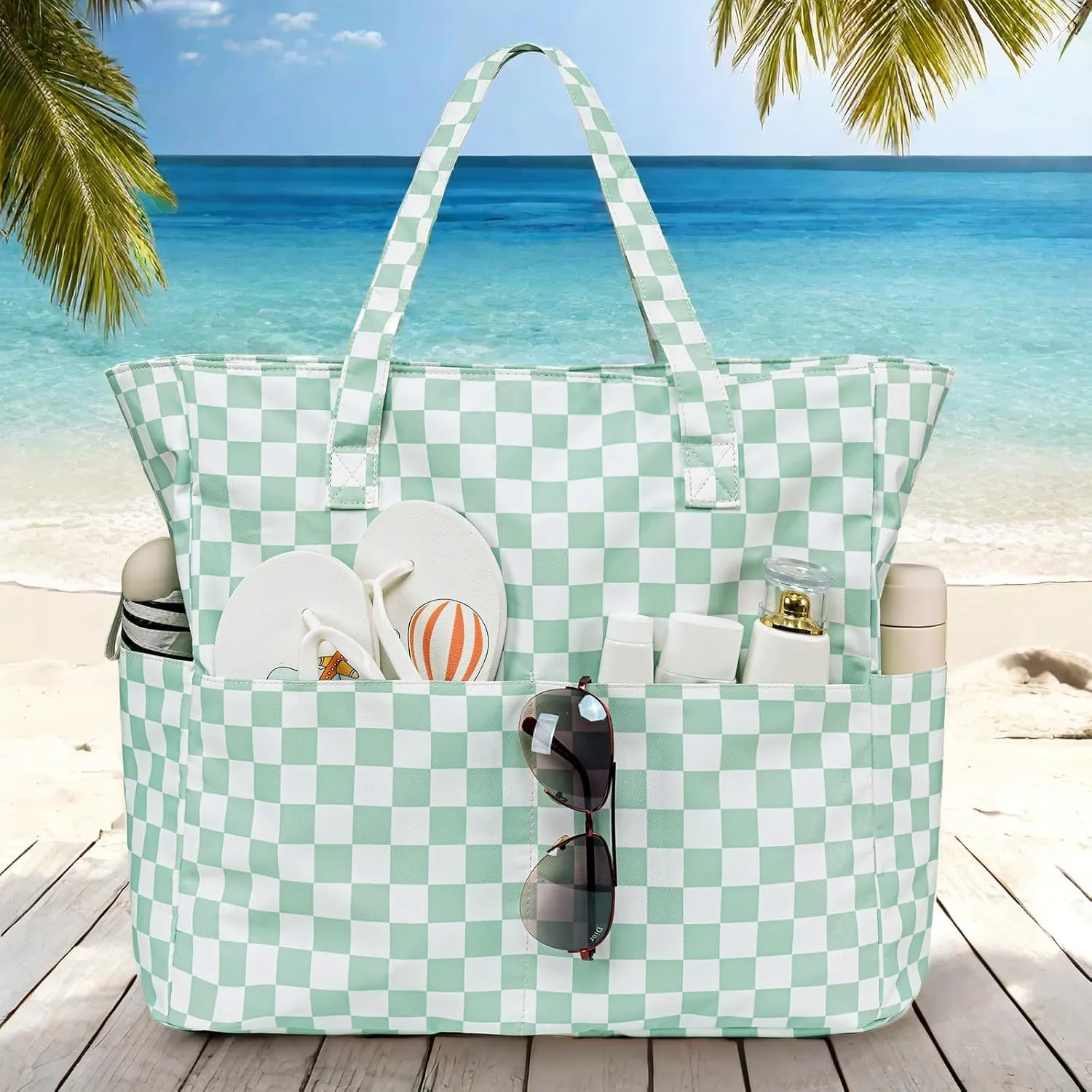LEDAOU Large Beach Tote Bag Women Waterproof Sandproof Zipper Beach Tote Bag for Pool Gym Grocery Travel with Wet Pocket