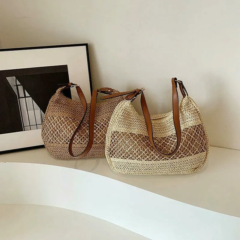 Leisure Bag Women's Hollow Shoulder Bag Large Capacity Straw Travel Handbag Shopping Bag