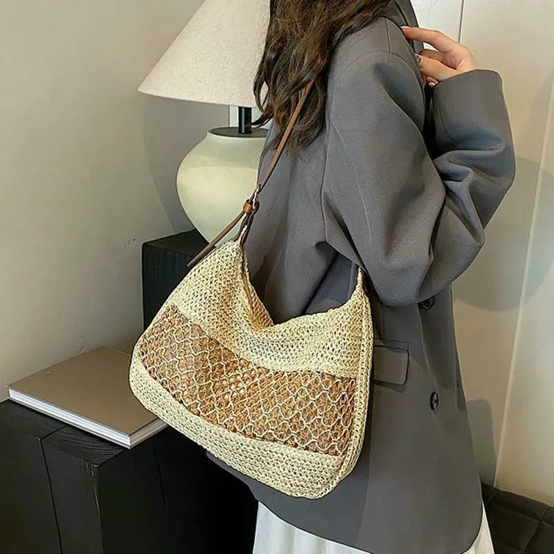 Leisure Bag Women's Hollow Shoulder Bag Large Capacity Straw Travel Handbag Shopping Bag