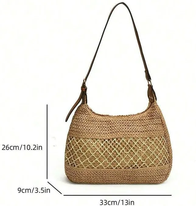 Leisure Bag Women's Hollow Shoulder Bag Large Capacity Straw Travel Handbag Shopping Bag