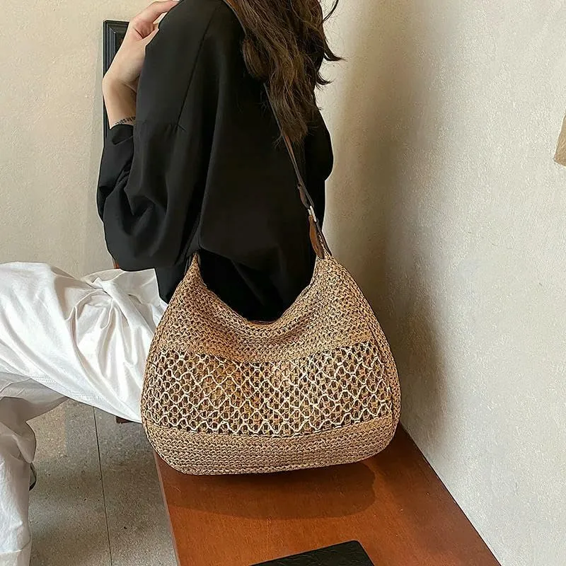 Leisure Bag Women's Hollow Shoulder Bag Large Capacity Straw Travel Handbag Shopping Bag