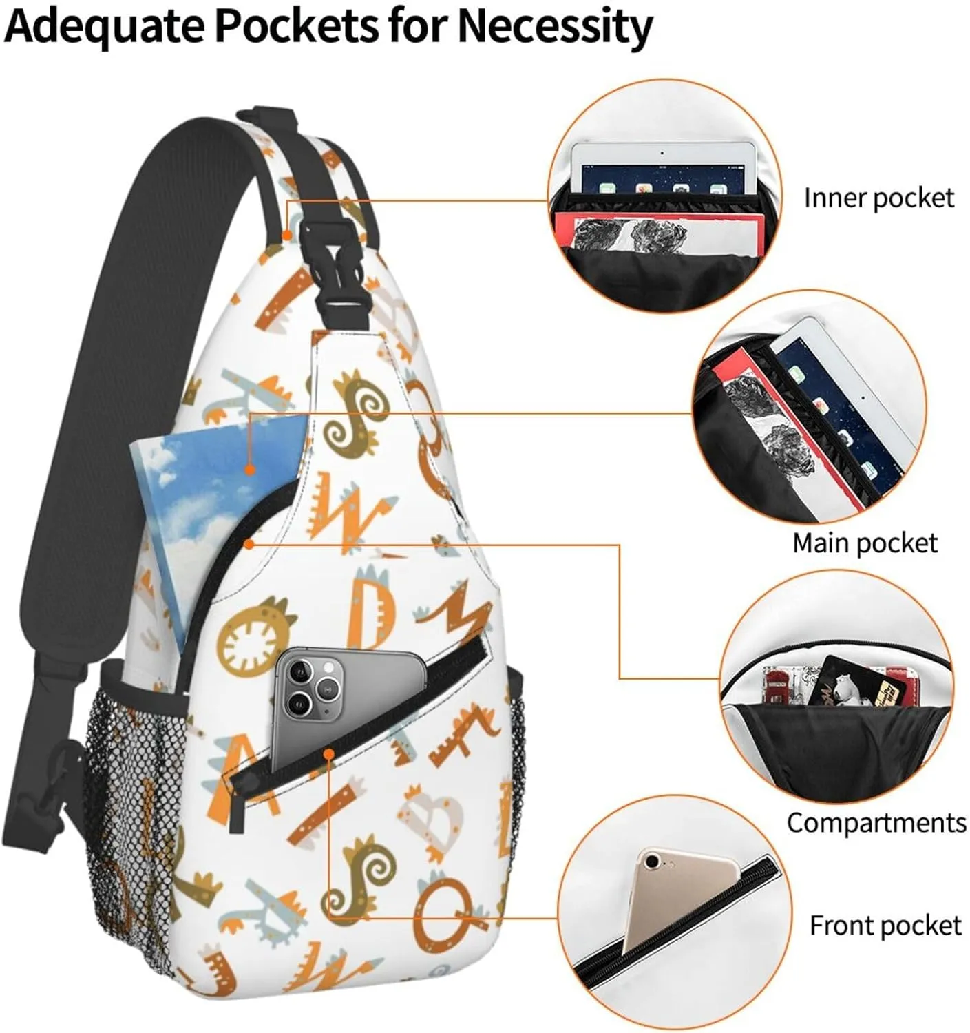 Letters Dinosaurs With Tools Chest Sling Bag Crossbody Shoulder Backpack Bag Gym Cycling Travel Hiking Daypack Cross Bag