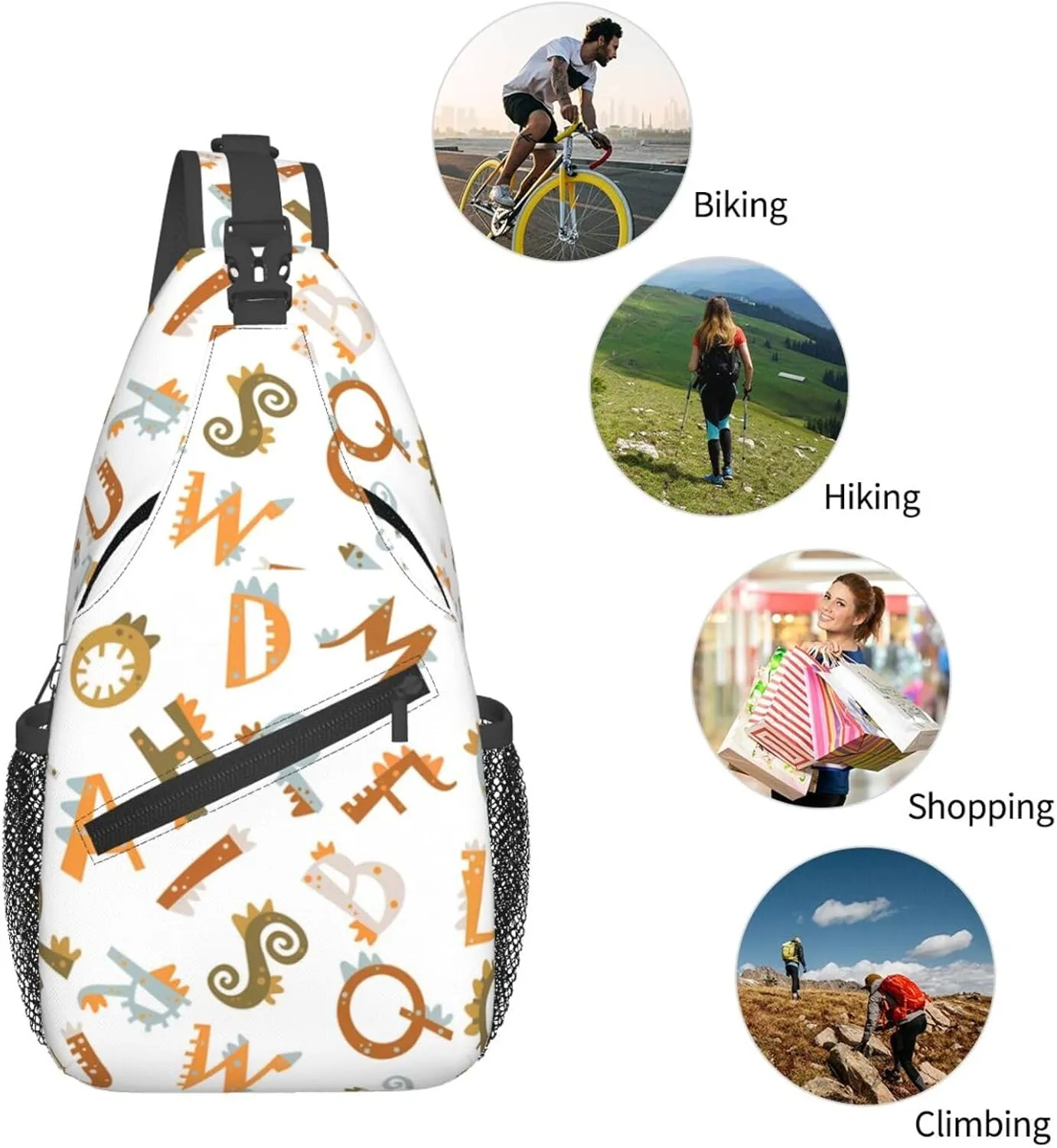 Letters Dinosaurs With Tools Chest Sling Bag Crossbody Shoulder Backpack Bag Gym Cycling Travel Hiking Daypack Cross Bag