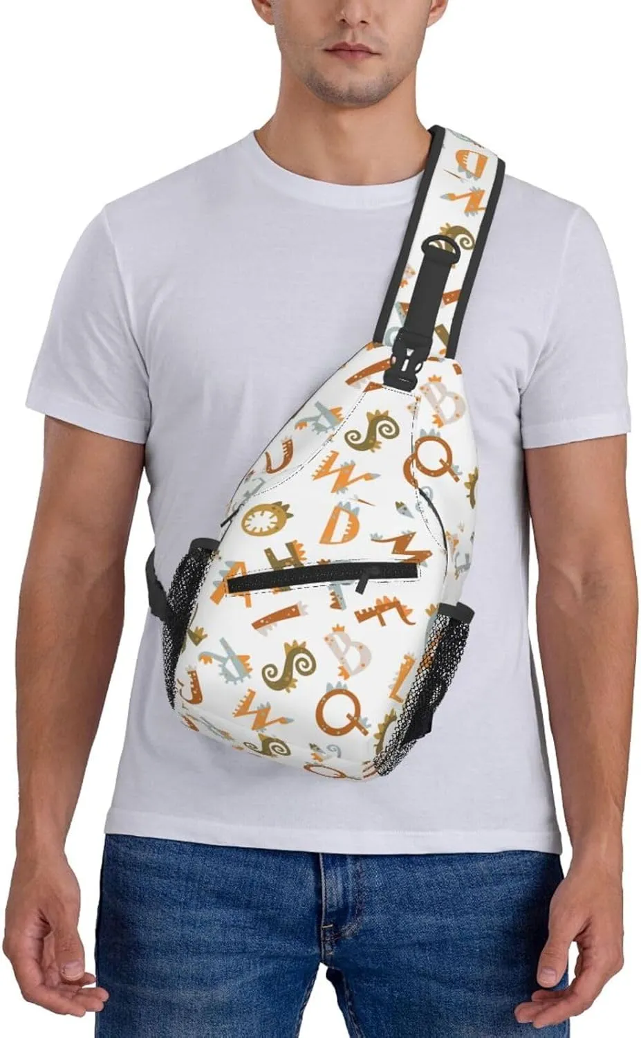 Letters Dinosaurs With Tools Chest Sling Bag Crossbody Shoulder Backpack Bag Gym Cycling Travel Hiking Daypack Cross Bag