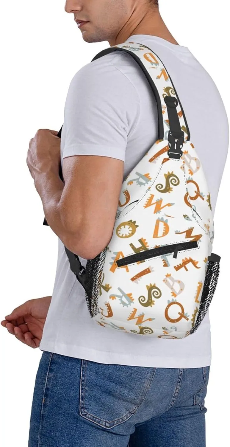 Letters Dinosaurs With Tools Chest Sling Bag Crossbody Shoulder Backpack Bag Gym Cycling Travel Hiking Daypack Cross Bag