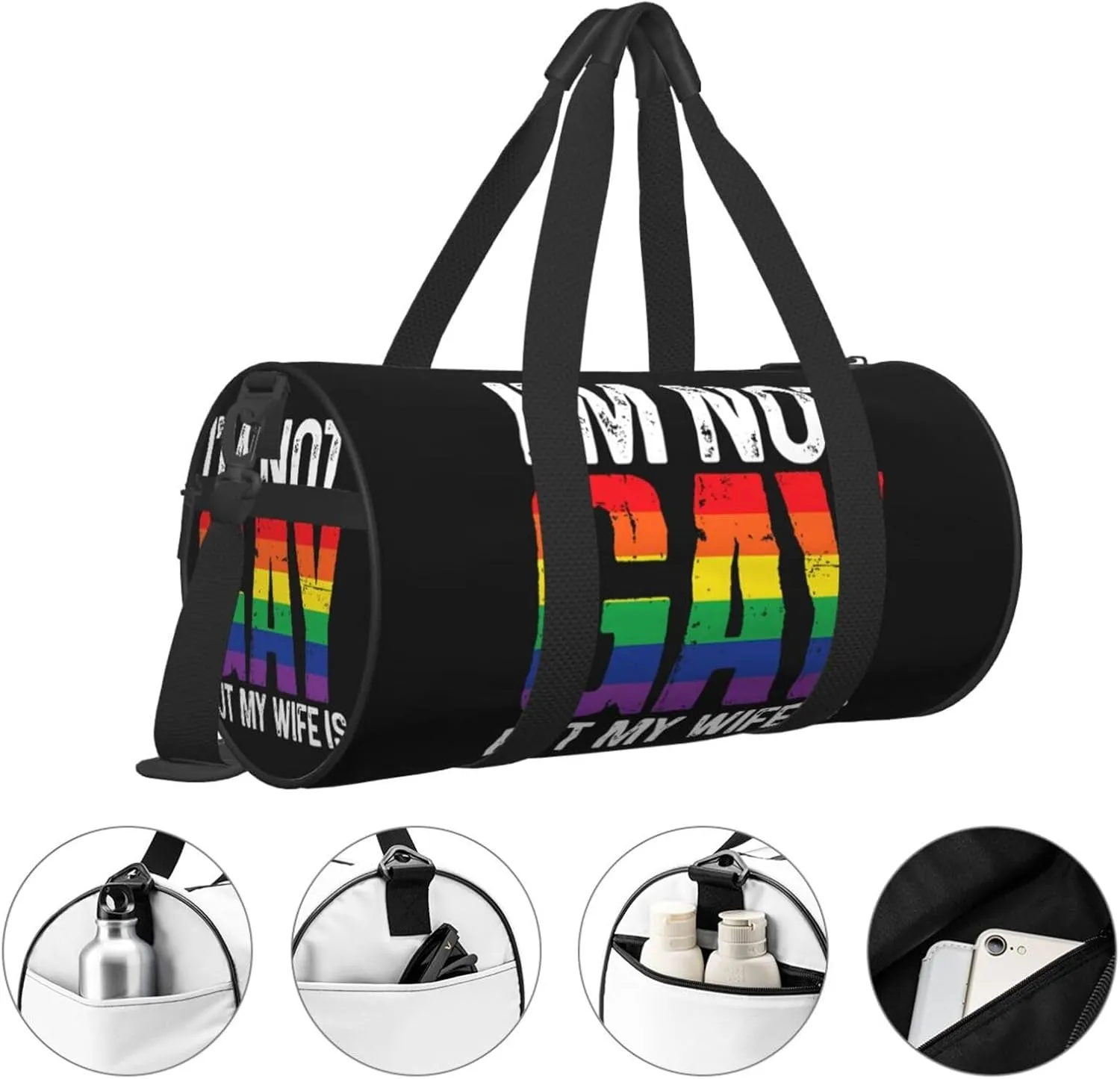 LGBT Pride Rainbow Gay I am Not Gay But My Wife Round Travel Duffel Bag Large Capacity Gym Sports Bags for Hiking Vacation Trips