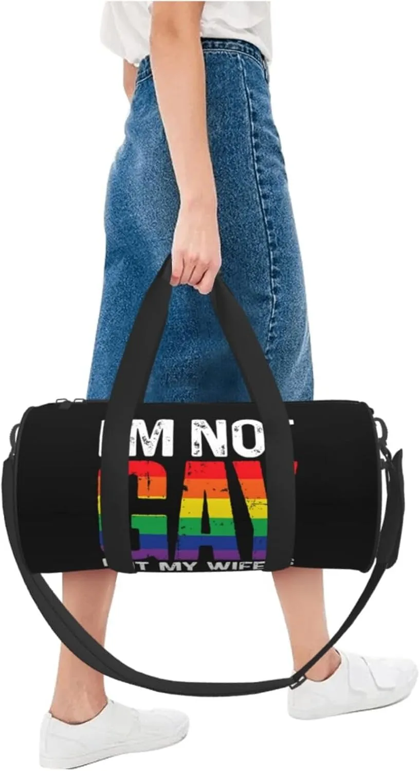 LGBT Pride Rainbow Gay I am Not Gay But My Wife Round Travel Duffel Bag Large Capacity Gym Sports Bags for Hiking Vacation Trips