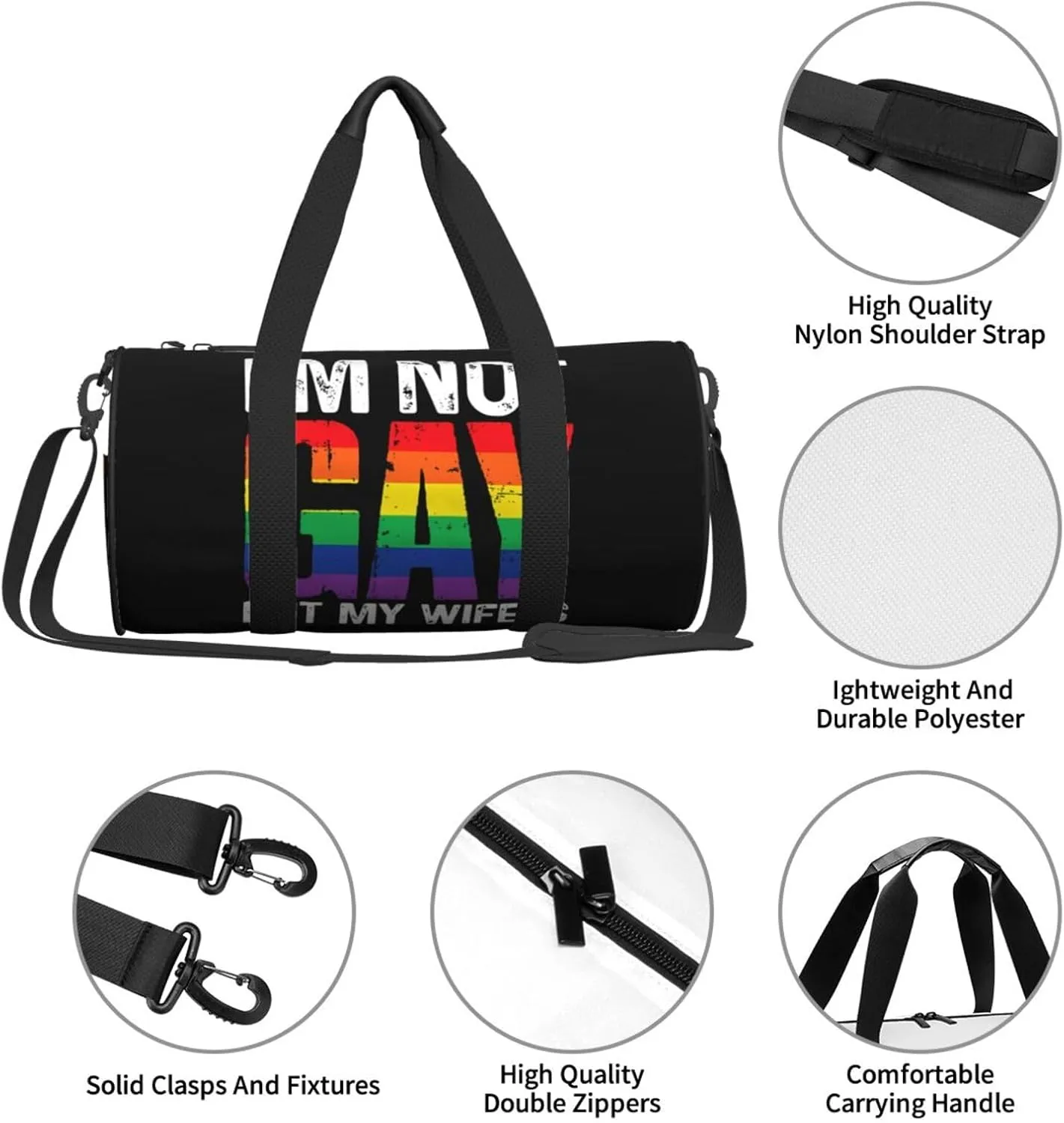 LGBT Pride Rainbow Gay I am Not Gay But My Wife Round Travel Duffel Bag Large Capacity Gym Sports Bags for Hiking Vacation Trips